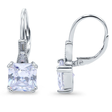 Cushion Cut Dangling Leverback Wedding Earrings Simulated Cubic Zirconia 925 Sterling Silver (15mm)